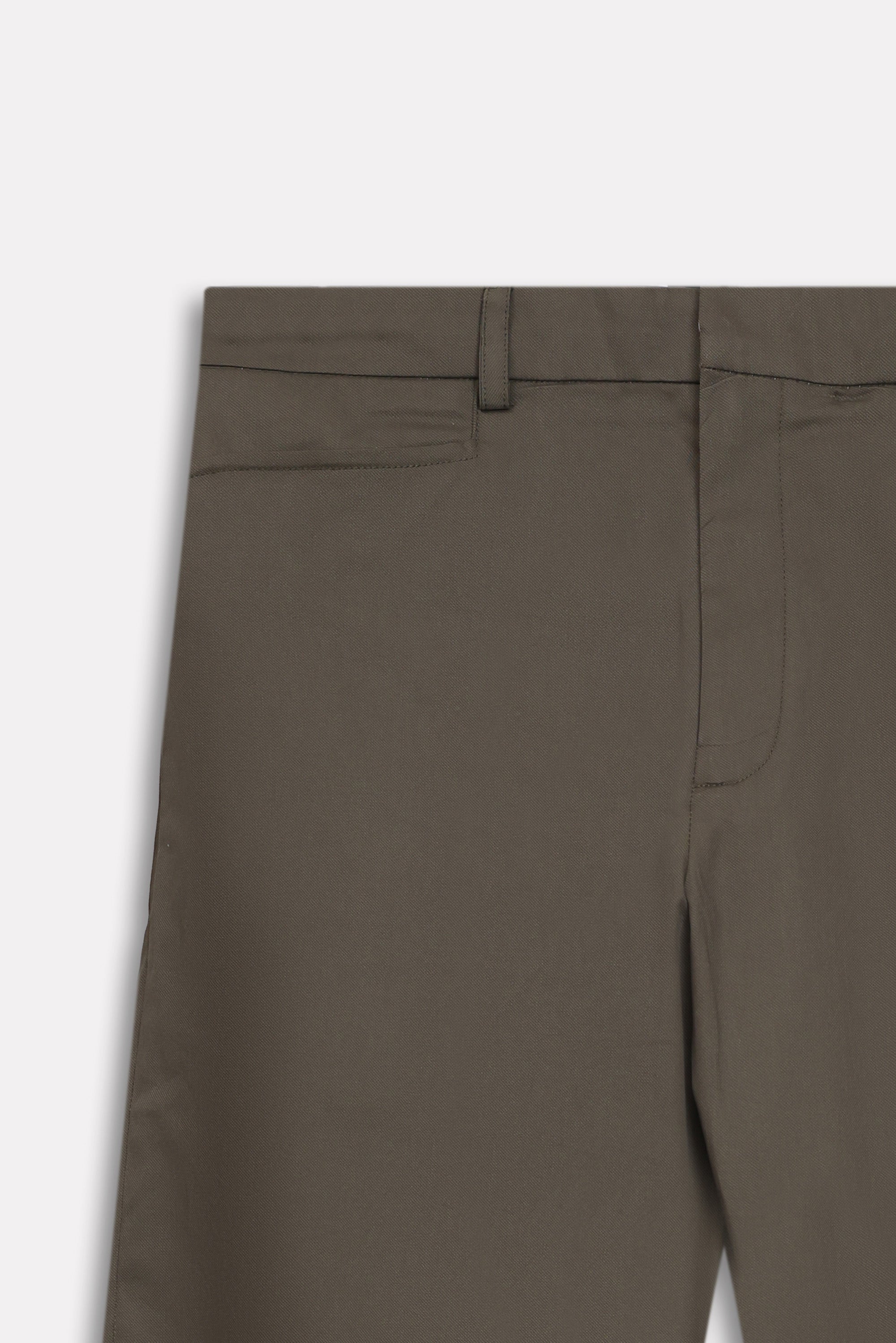 Texture and fabric detail, dark olive straight fit dobby trouser, by SOLA Pakistan.