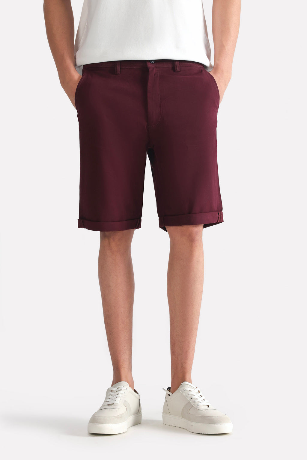 Dark purple (plum) relaxed fit cotton shorts, full styled look, by SOLA Pakistan.