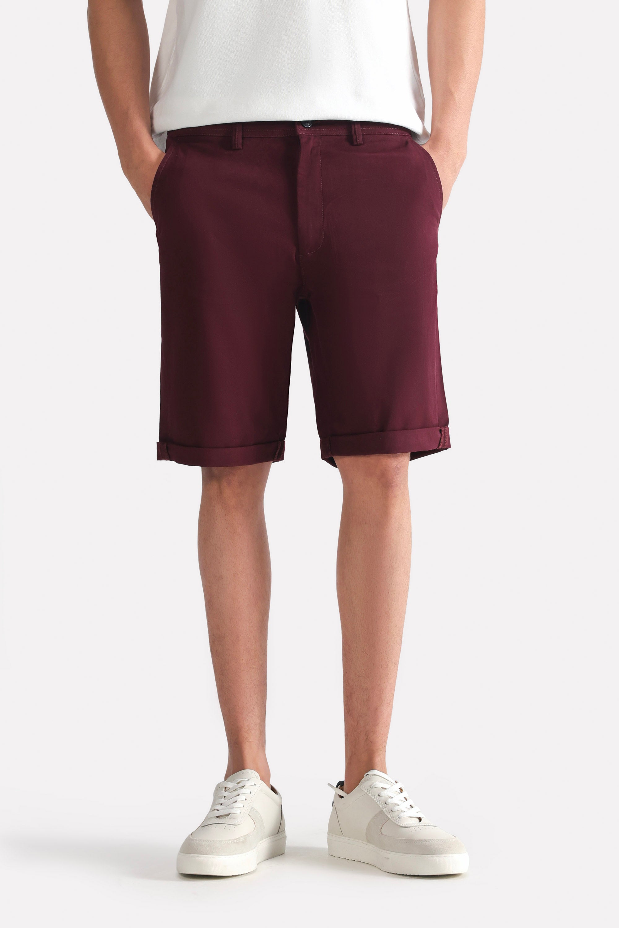 Dark purple (plum) relaxed fit cotton shorts, full styled look, by SOLA Pakistan.