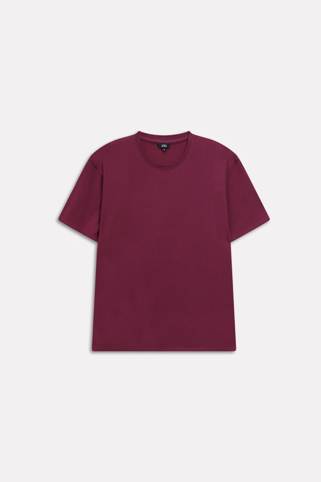 Flat lay of the dark red (burgundy) regular fit crew neck t-shirt, by SOLA Pakistan.