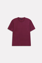 Flat lay of the dark red (burgundy) regular fit crew neck t-shirt, by SOLA Pakistan.