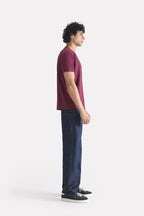 Dark red (burgundy) regular fit crew neck t-shirt, full styled look, by SOLA Pakistan.