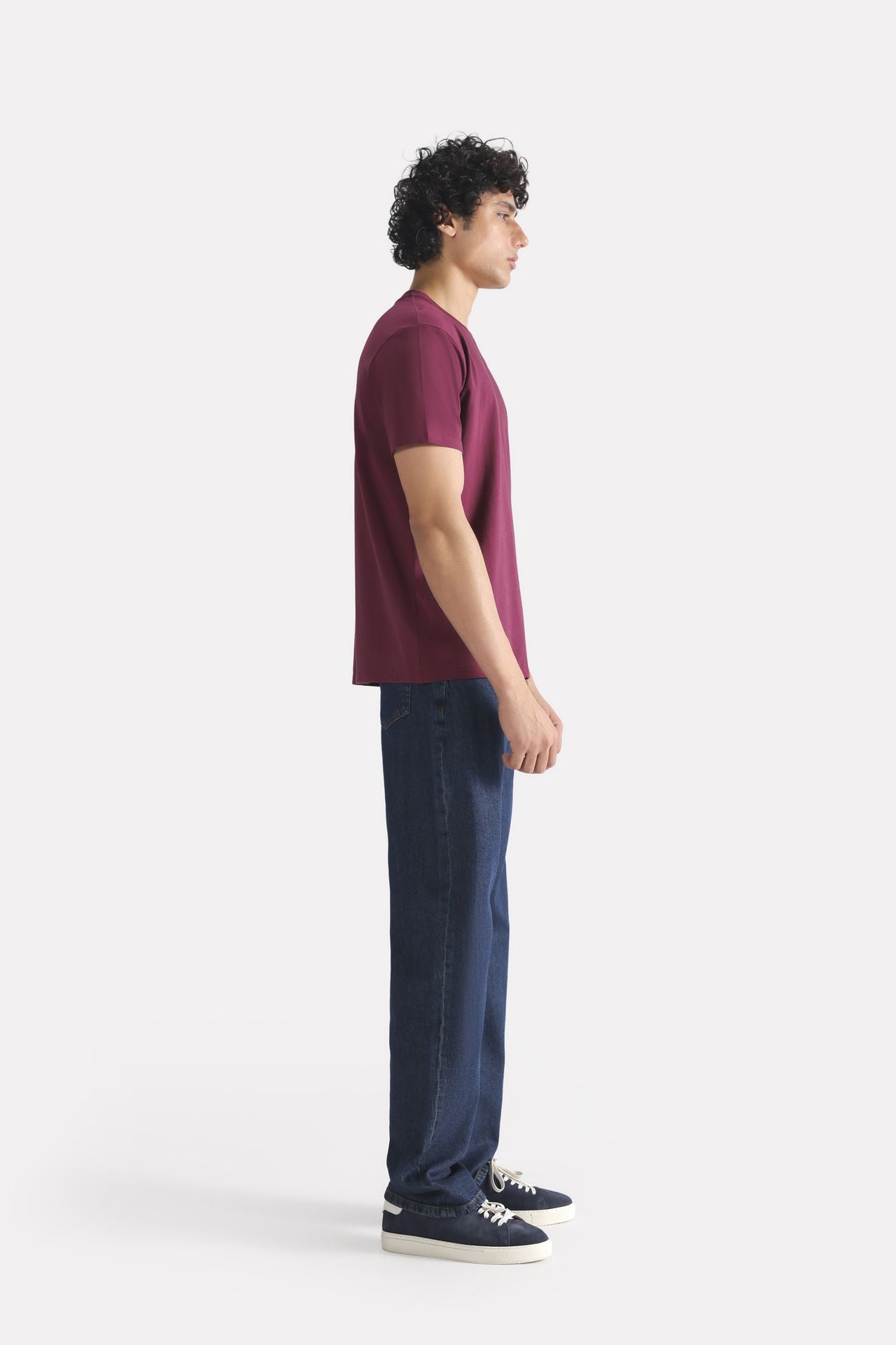 Dark red (burgundy) regular fit crew neck t-shirt, full styled look, by SOLA Pakistan.