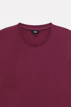 Texture and fabric detail, dark red (burgundy) regular fit crew neck t-shirt, by SOLA Pakistan.