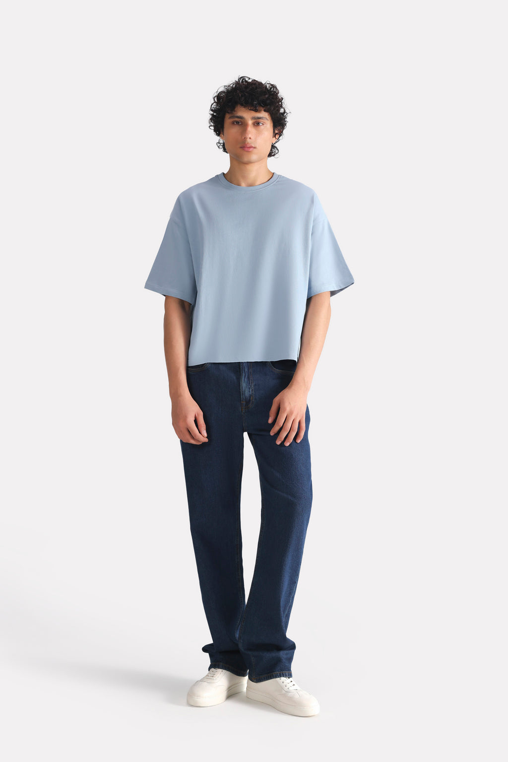 Faded blue (faded denim) drop shoulder cotton t-shirt, full styled look, by SOLA Pakistan.