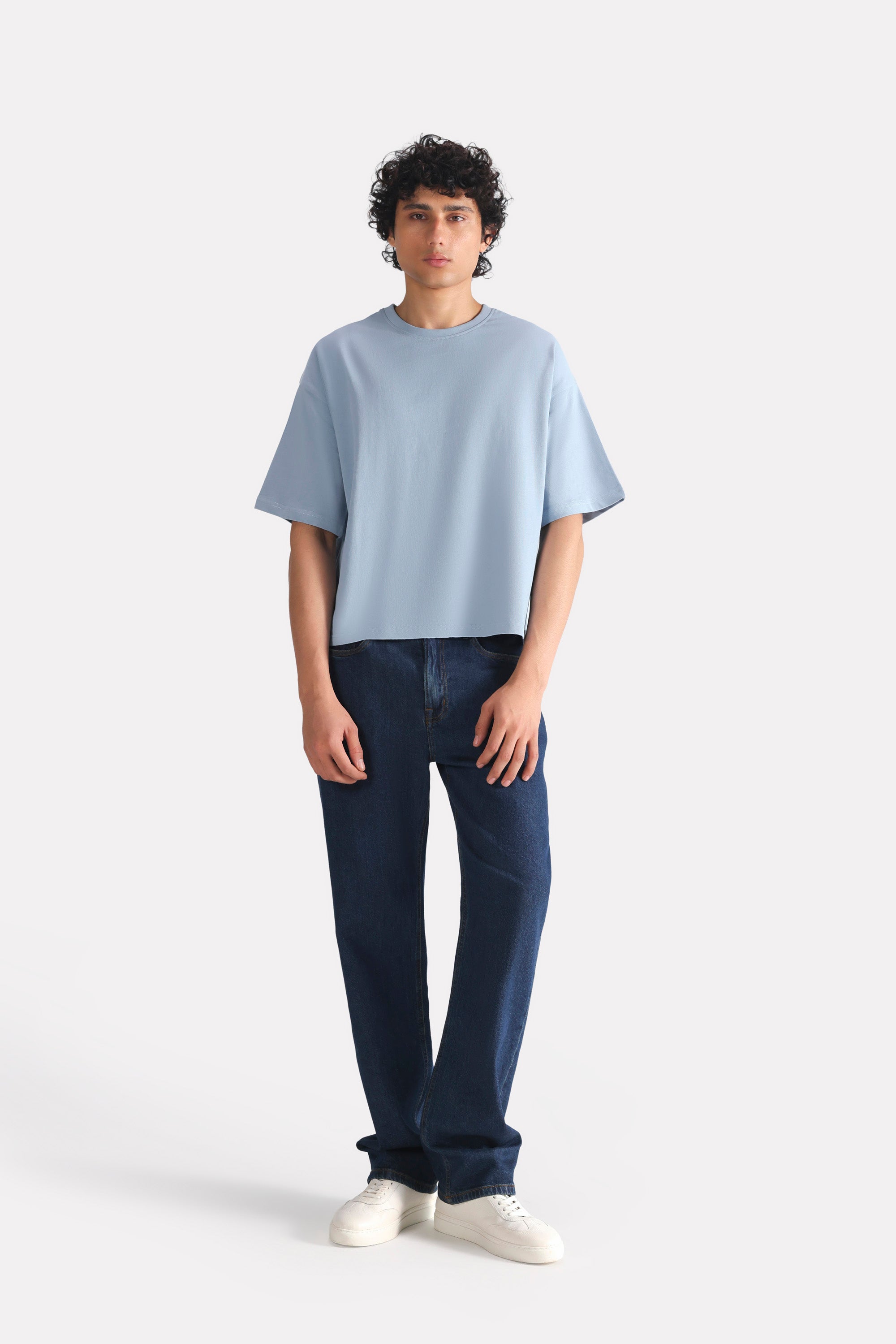 Faded blue (faded denim) drop shoulder cotton t-shirt, full styled look, by SOLA Pakistan.