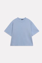 Texture and fabric detail, faded blue (faded denim) drop shoulder cotton t-shirt, by SOLA Pakistan.