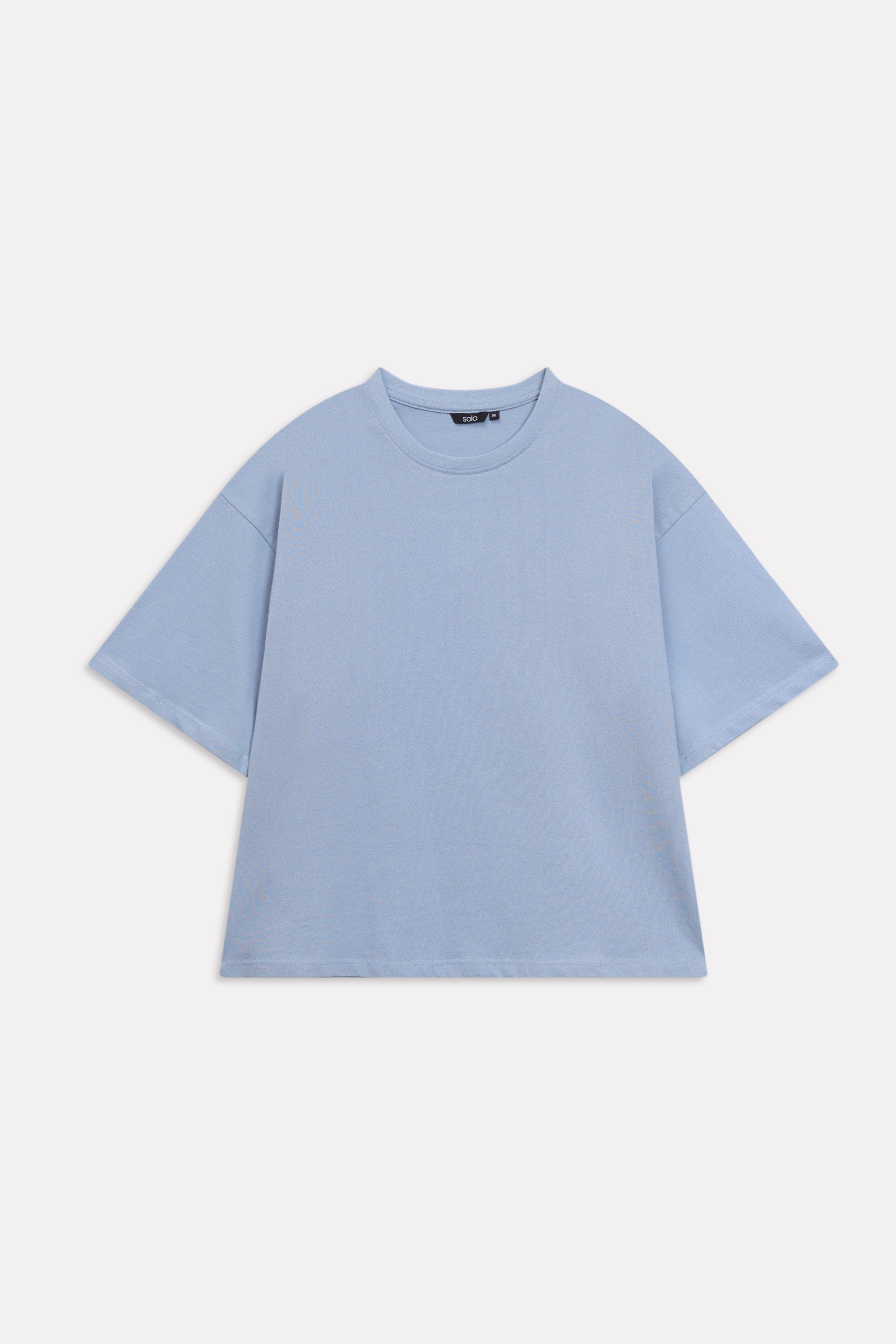 Texture and fabric detail, faded blue (faded denim) drop shoulder cotton t-shirt, by SOLA Pakistan.
