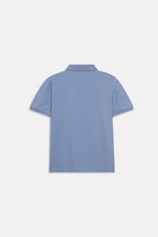 Faded blue (faded denim) micro-textured cotton pique polo, alternate angle, by SOLA Pakistan.