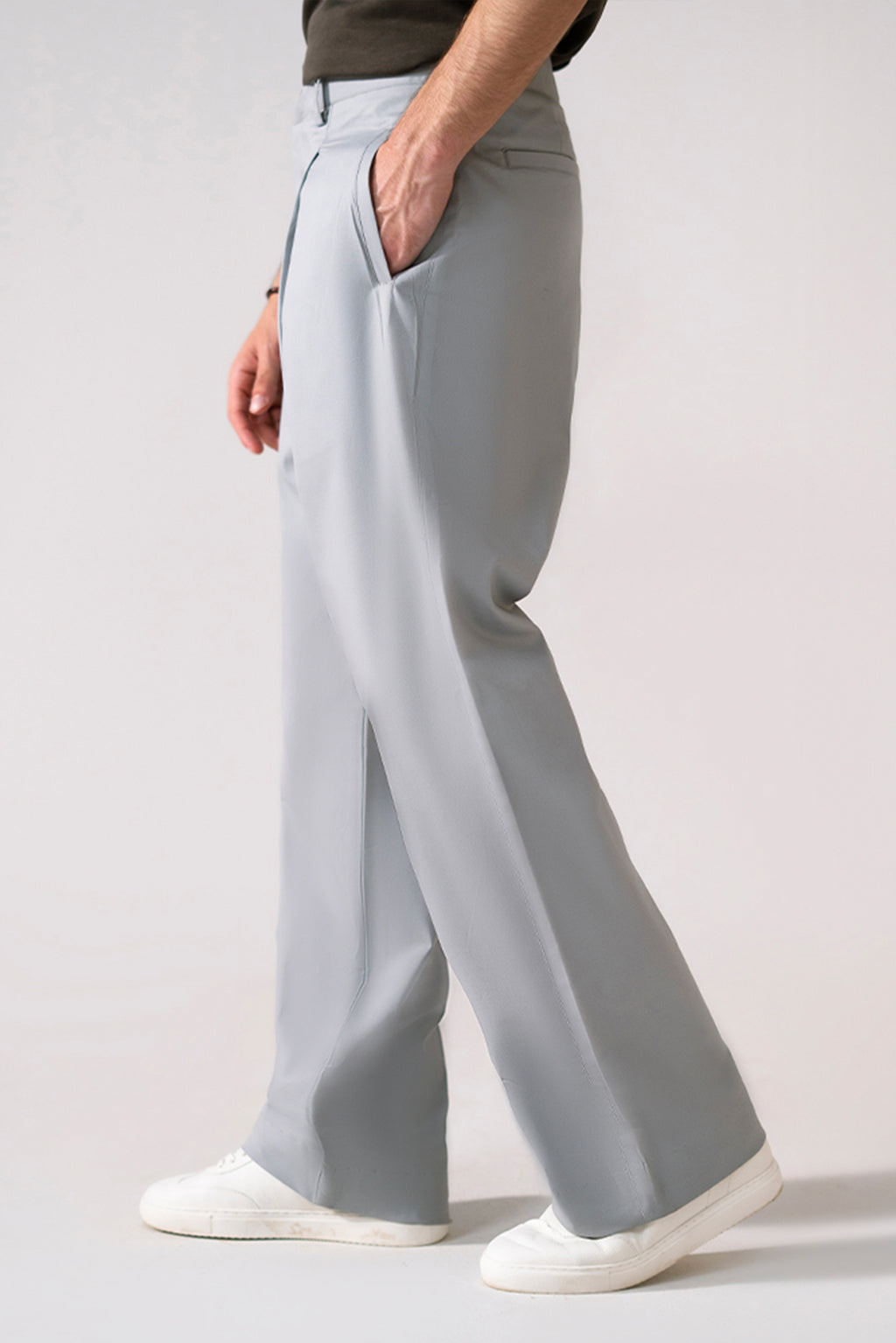 Grey barrel-leg pleated trouser shown in a styled fit, by SOLA Pakistan.
