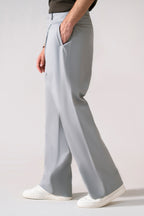 Grey barrel-leg pleated trouser shown in a styled fit, by SOLA Pakistan.