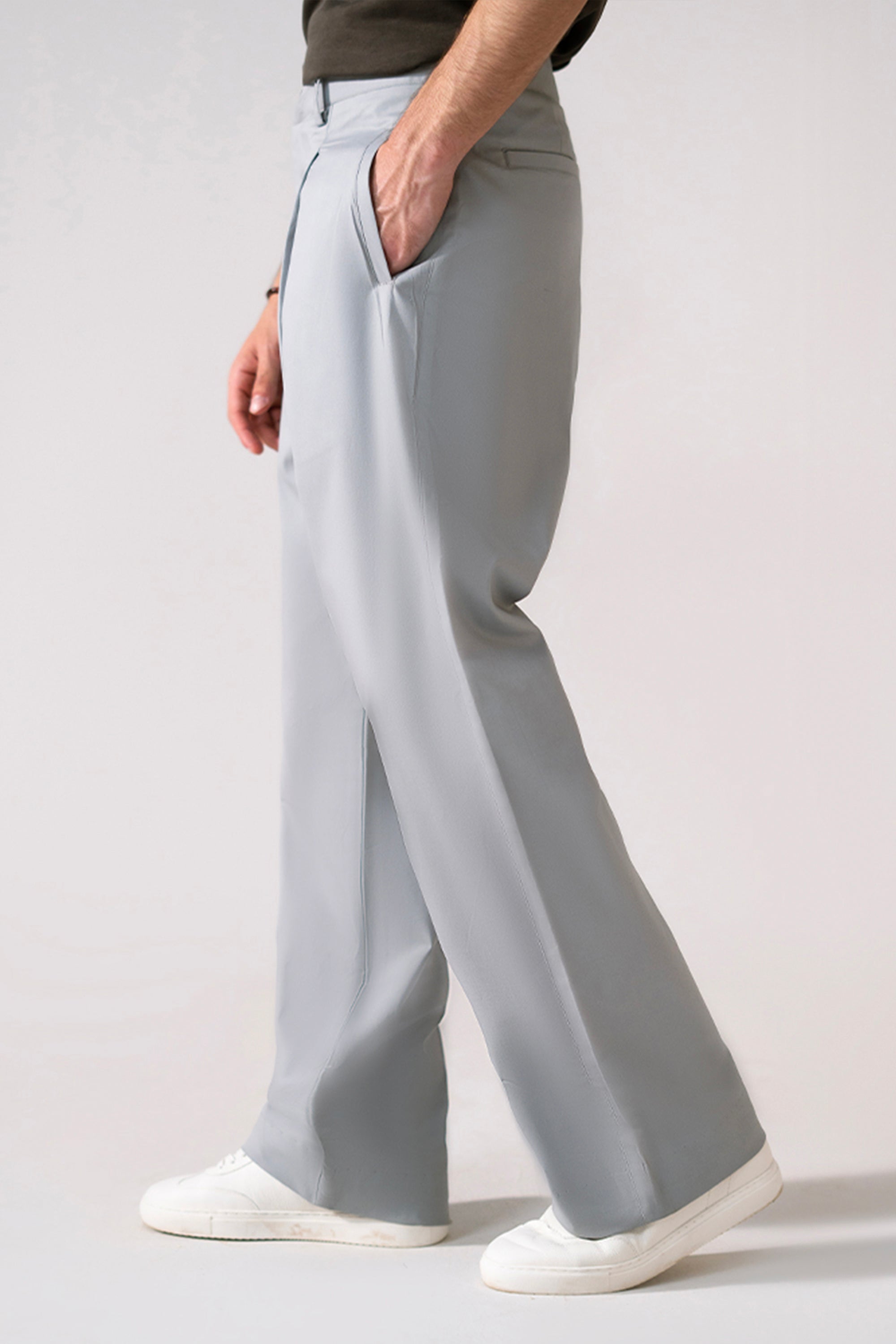 Grey barrel-leg pleated trouser shown in a styled fit, by SOLA Pakistan.
