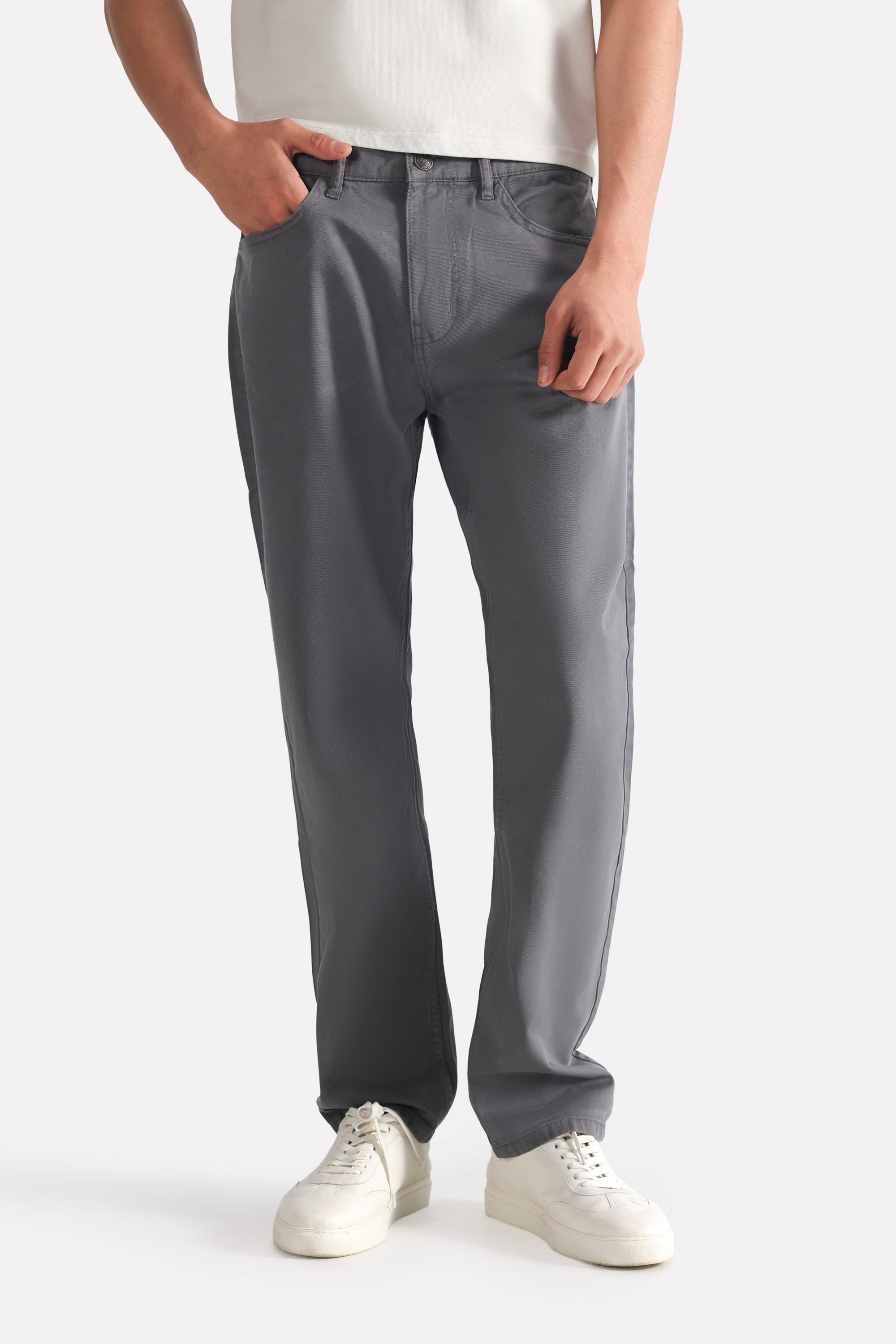 Grey garment-dyed casual trouser, full styled look, by SOLA Pakistan.