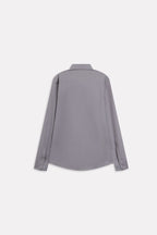 Grey regular fit cotton shirt, alternate angle, by SOLA Pakistan.