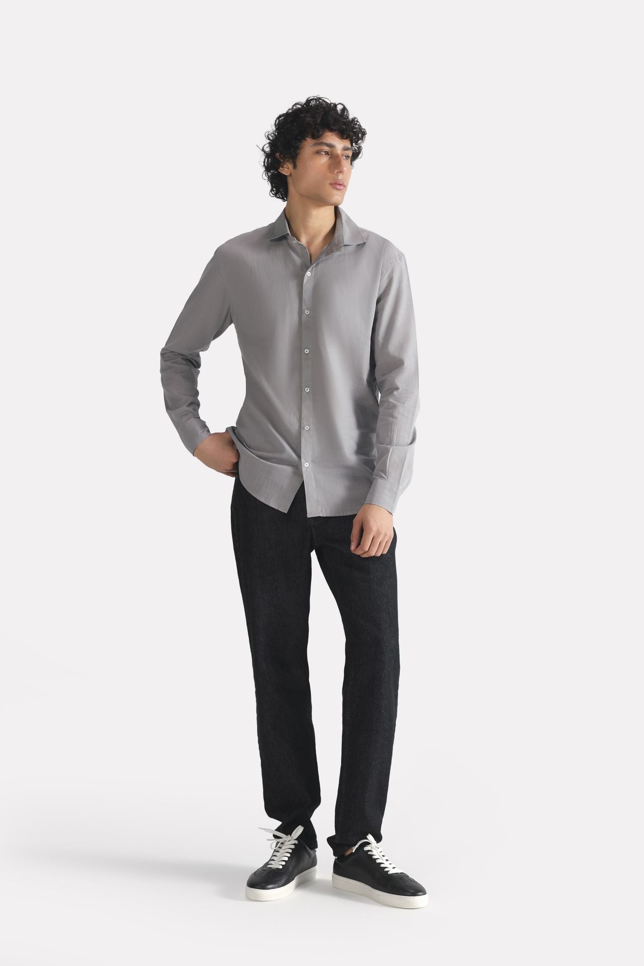 Close-up detail on the grey regular fit cotton shirt, by SOLA Pakistan.