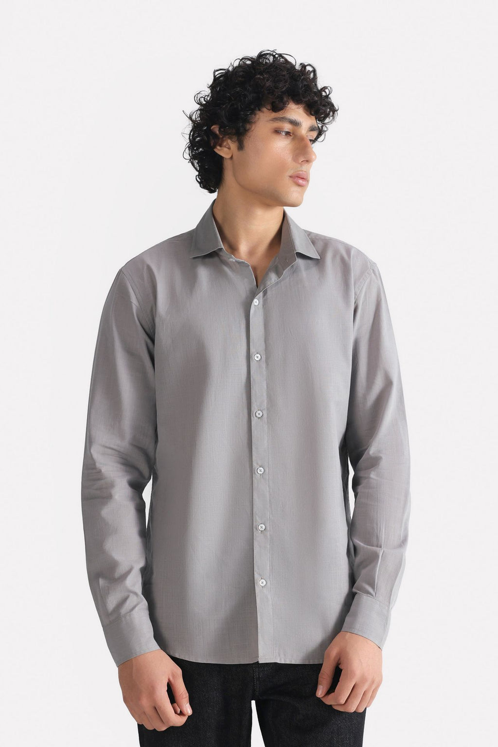 Grey regular fit cotton shirt, worn by a model, by SOLA Pakistan.