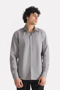 Grey regular fit cotton shirt, worn by a model, by SOLA Pakistan.