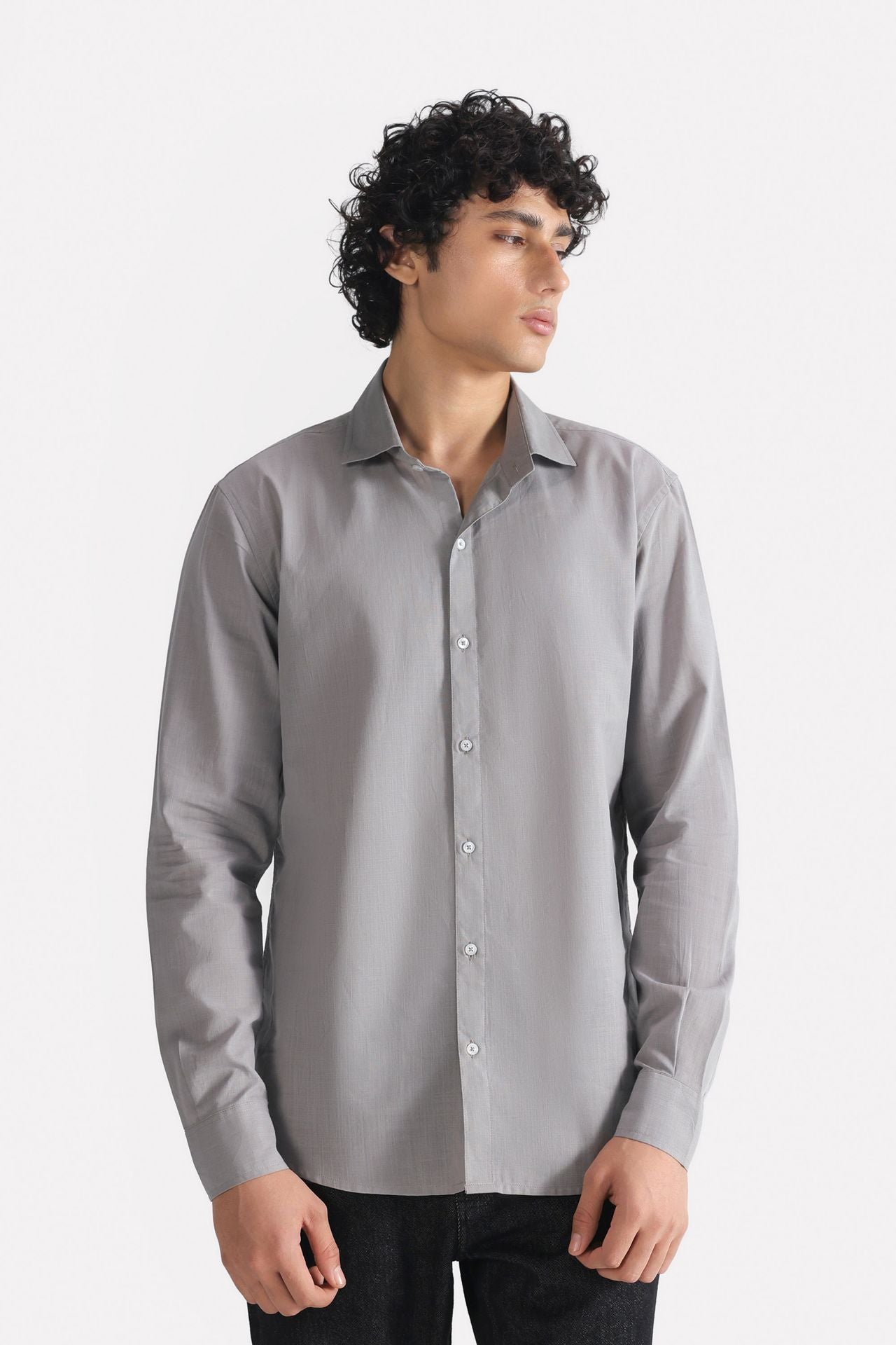 Grey regular fit cotton shirt, worn by a model, by SOLA Pakistan.