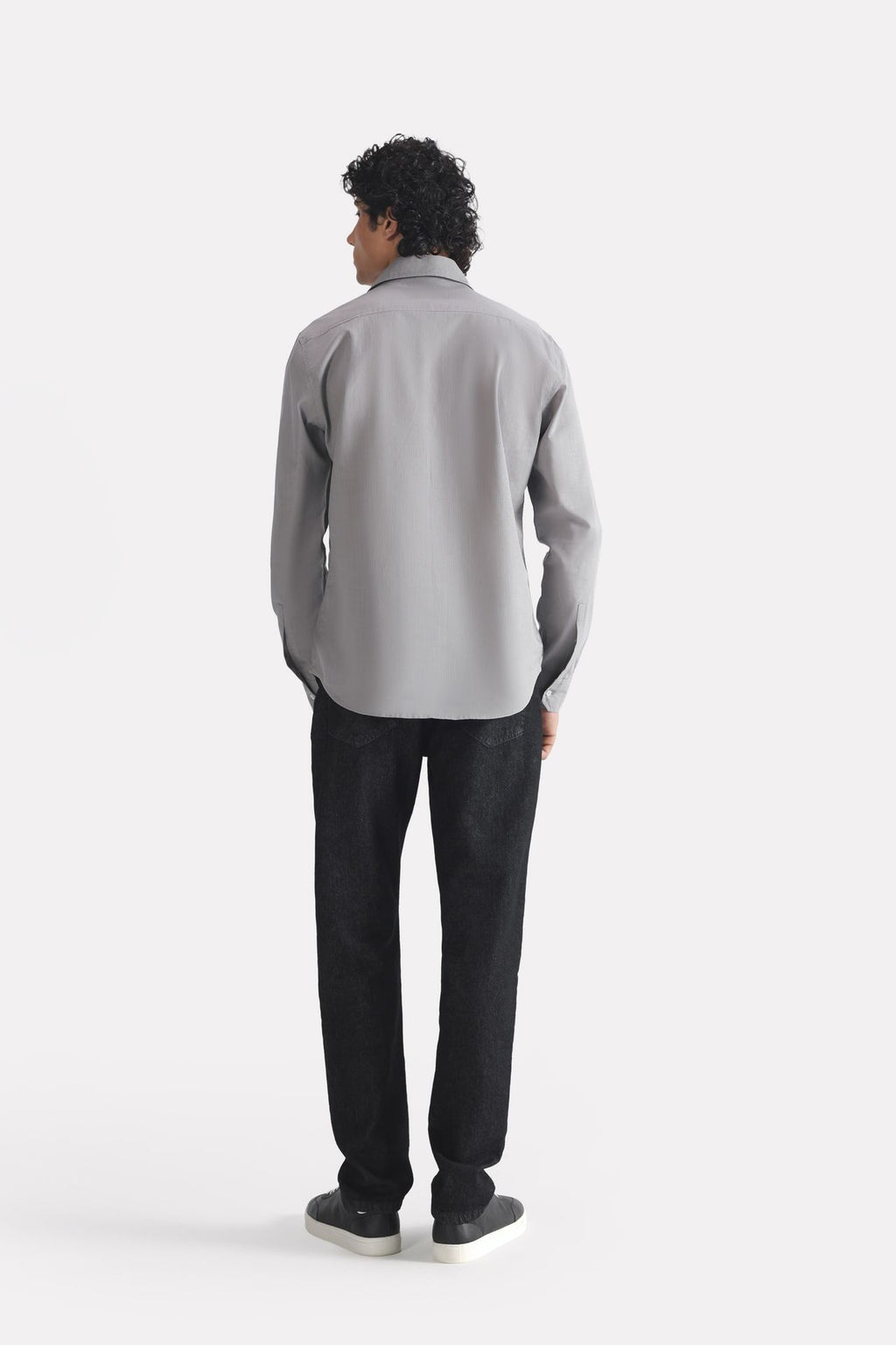 Grey regular fit cotton shirt shown in a styled fit, by SOLA Pakistan.