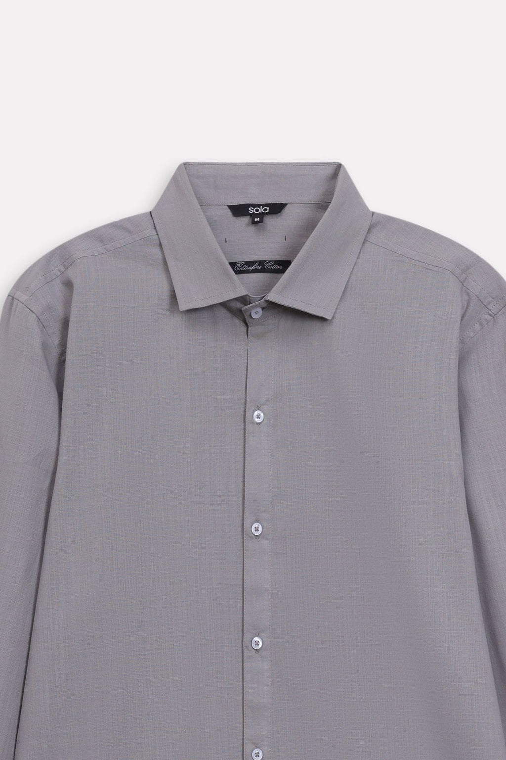 Texture and fabric detail, grey regular fit cotton shirt, by SOLA Pakistan.