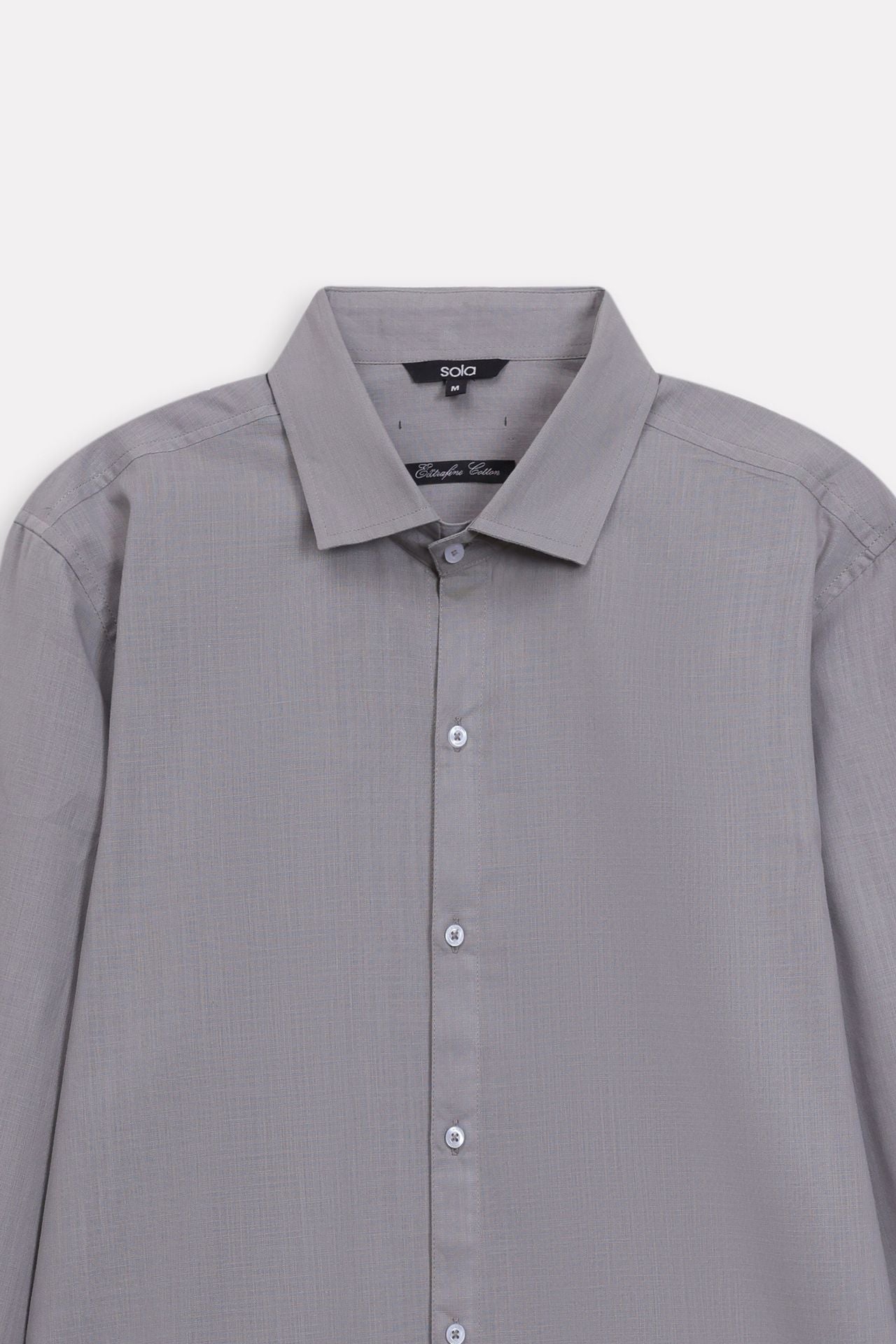 Texture and fabric detail, grey regular fit cotton shirt, by SOLA Pakistan.