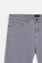 Texture and fabric detail, grey regular fit jean, by SOLA Pakistan.