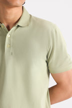 Khaki beige (faded khaki) micro-textured cotton pique polo, alternate angle, by SOLA Pakistan.