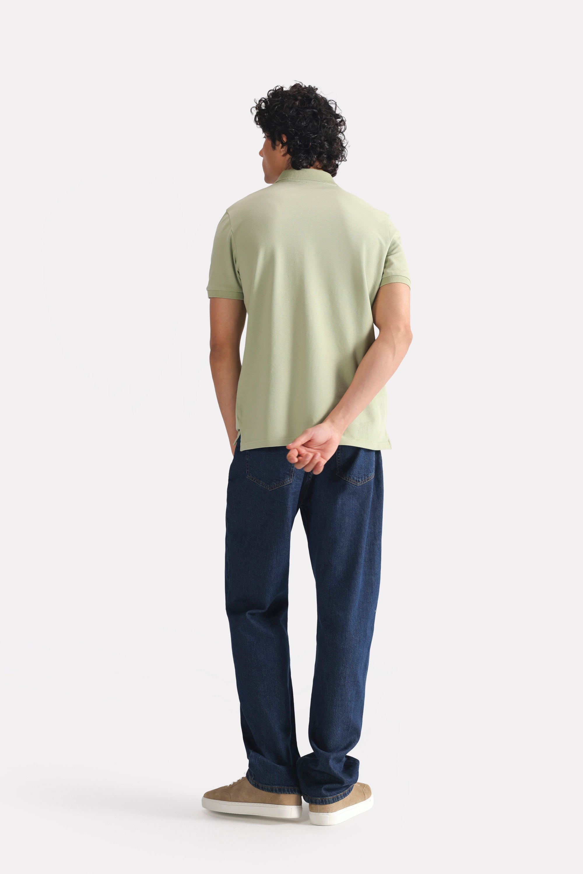 Flat lay of the khaki beige (faded khaki) micro-textured cotton pique polo, by SOLA Pakistan.