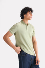 Khaki beige (faded khaki) micro-textured cotton pique polo, full styled look, by SOLA Pakistan.