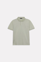 Texture and fabric detail, khaki beige (faded khaki) micro-textured cotton pique polo, by SOLA Pakistan.
