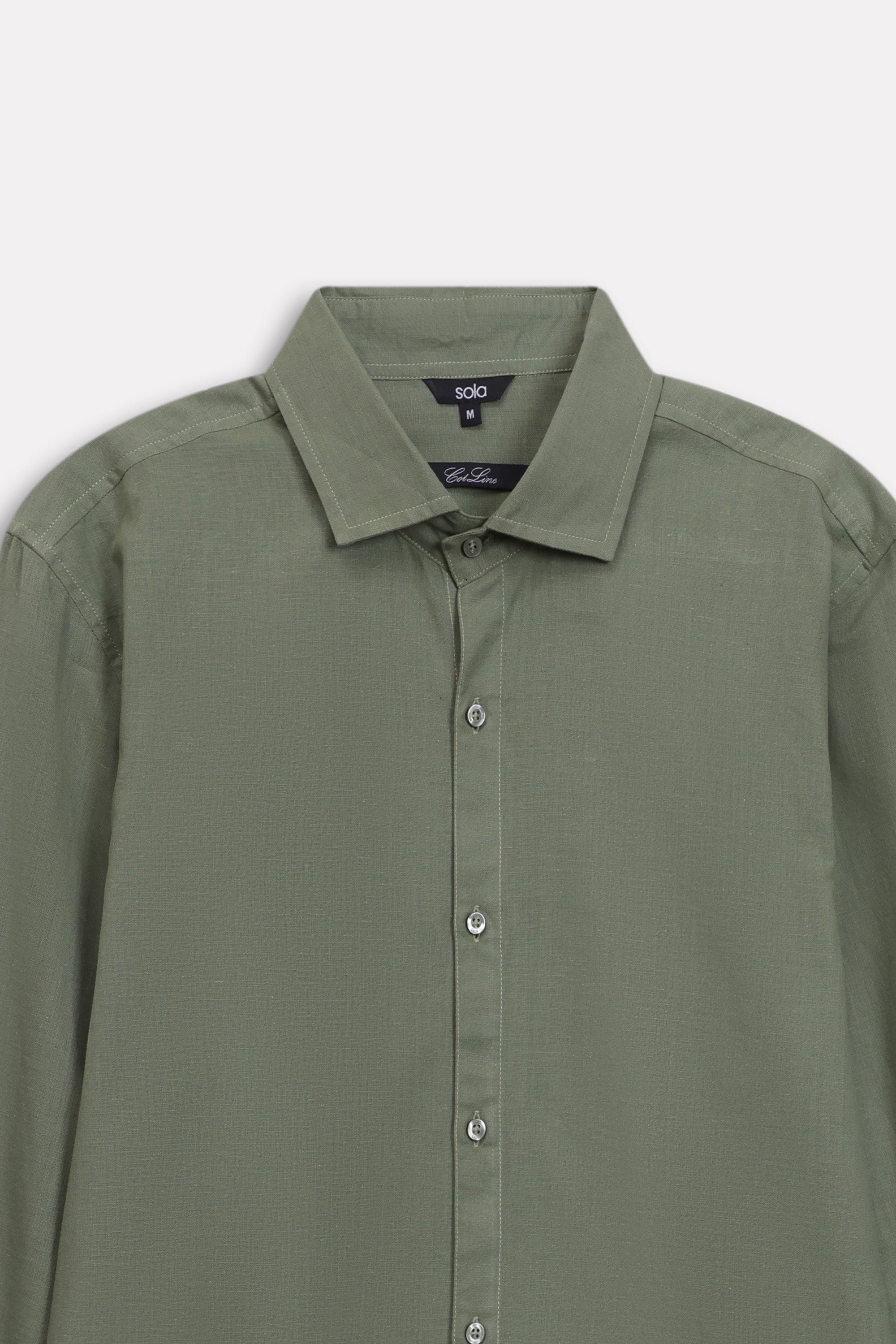 Additional view of the khaki green relaxed cotline shirt, by SOLA Pakistan.