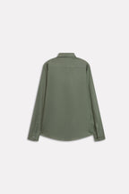 Additional view of the khaki green relaxed cotline shirt, by SOLA Pakistan.