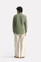 Khaki green relaxed cotline shirt, alternate angle, by SOLA Pakistan.