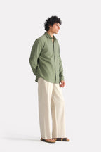 Khaki green relaxed cotline shirt, full styled look, by SOLA Pakistan.