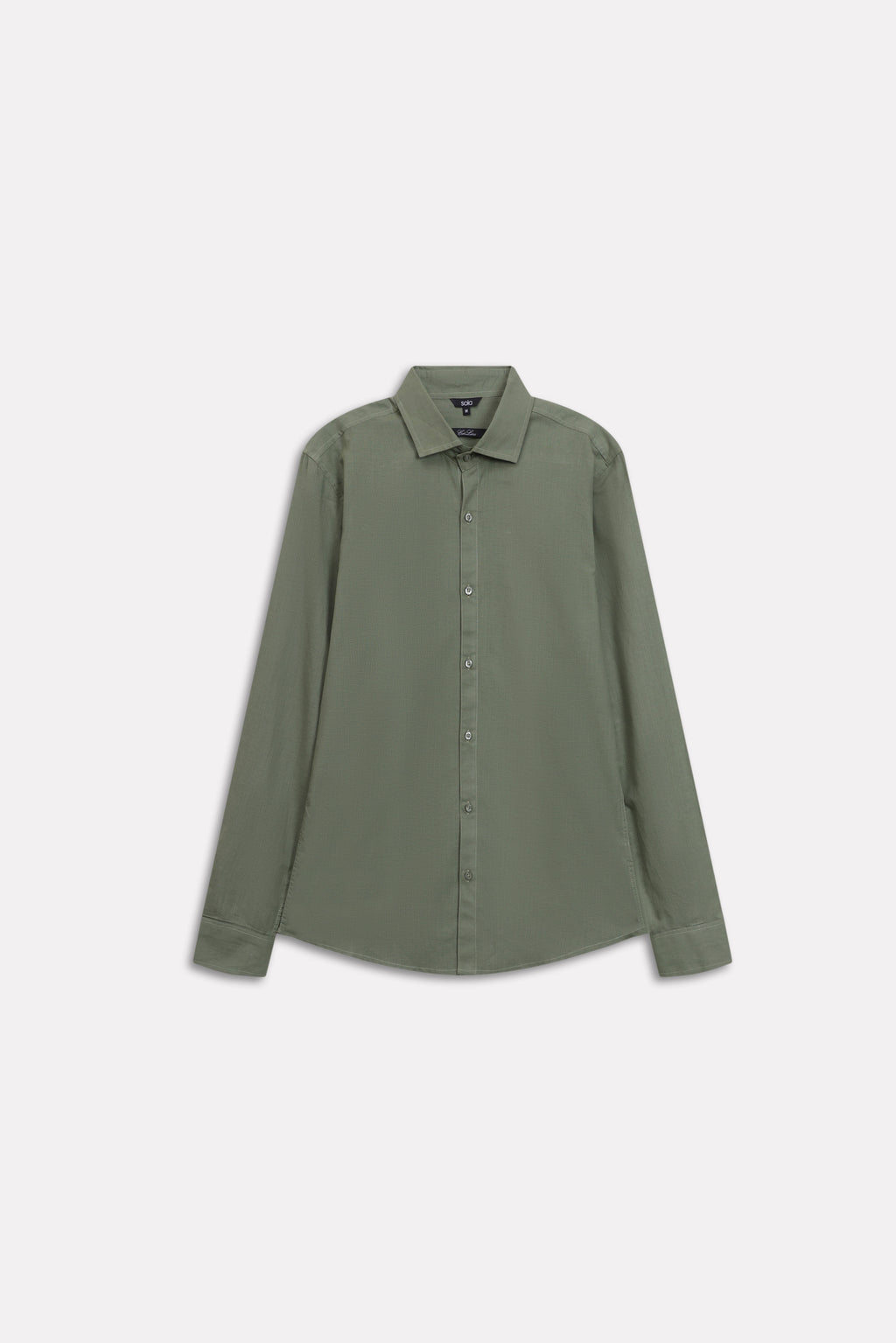Texture and fabric detail, khaki green relaxed cotline shirt, by SOLA Pakistan.