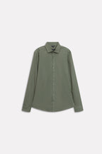Texture and fabric detail, khaki green relaxed cotline shirt, by SOLA Pakistan.