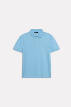Light blue micro-textured cotton pique polo, alternate angle, by SOLA Pakistan.