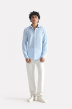 Close-up detail on the light blue premium cotline shirt, by SOLA Pakistan.