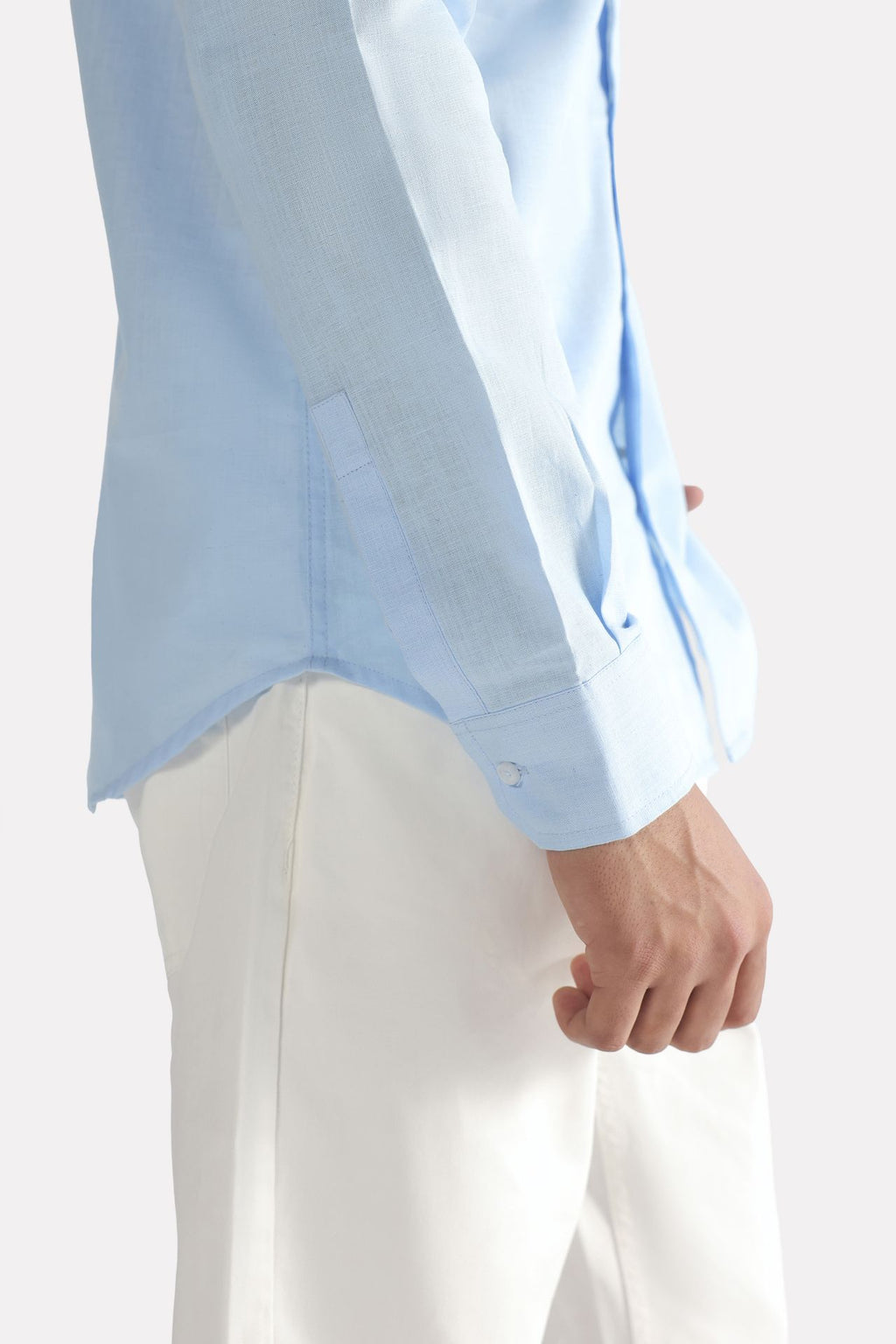 Light blue premium cotline shirt shown in a styled fit, by SOLA Pakistan.