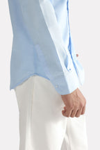 Light blue premium cotline shirt shown in a styled fit, by SOLA Pakistan.