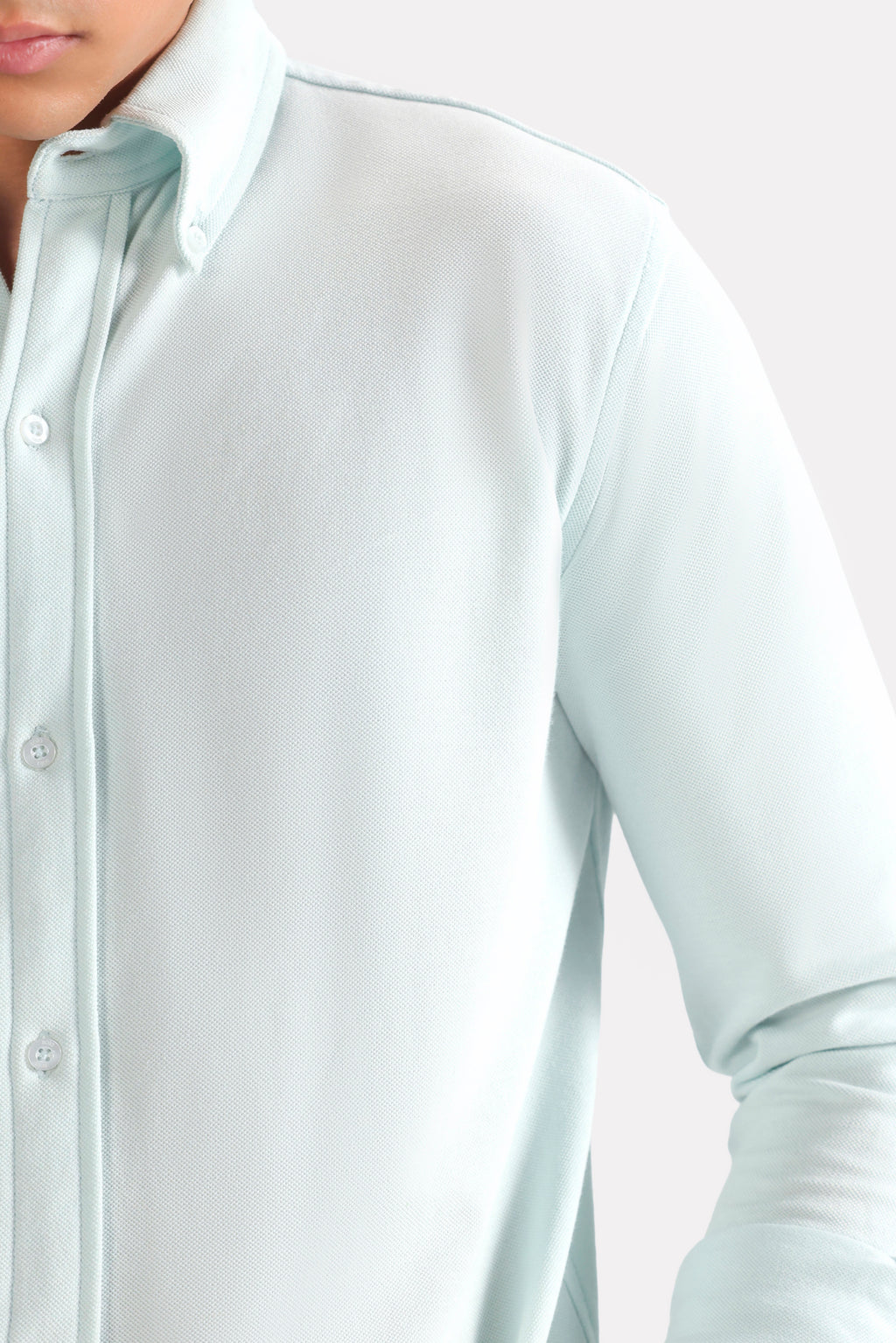 Flat lay of the light blue regular fit pique shirt, by SOLA Pakistan.