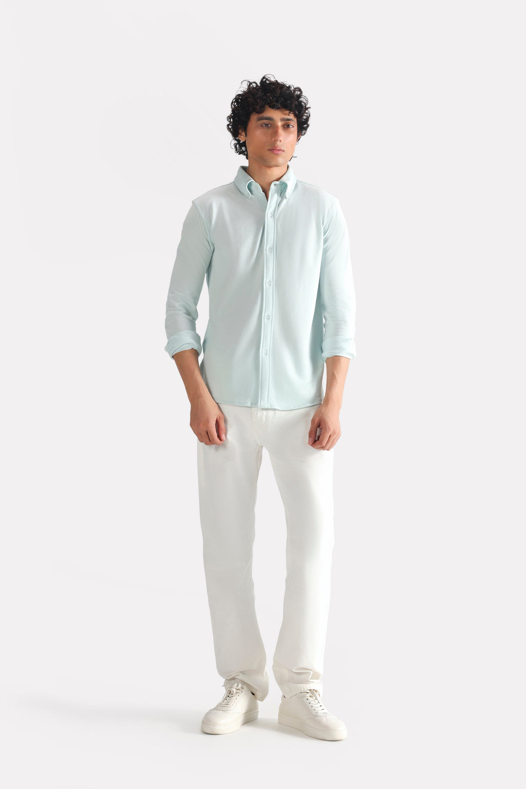 Light blue regular fit pique shirt, full styled look, by SOLA Pakistan.