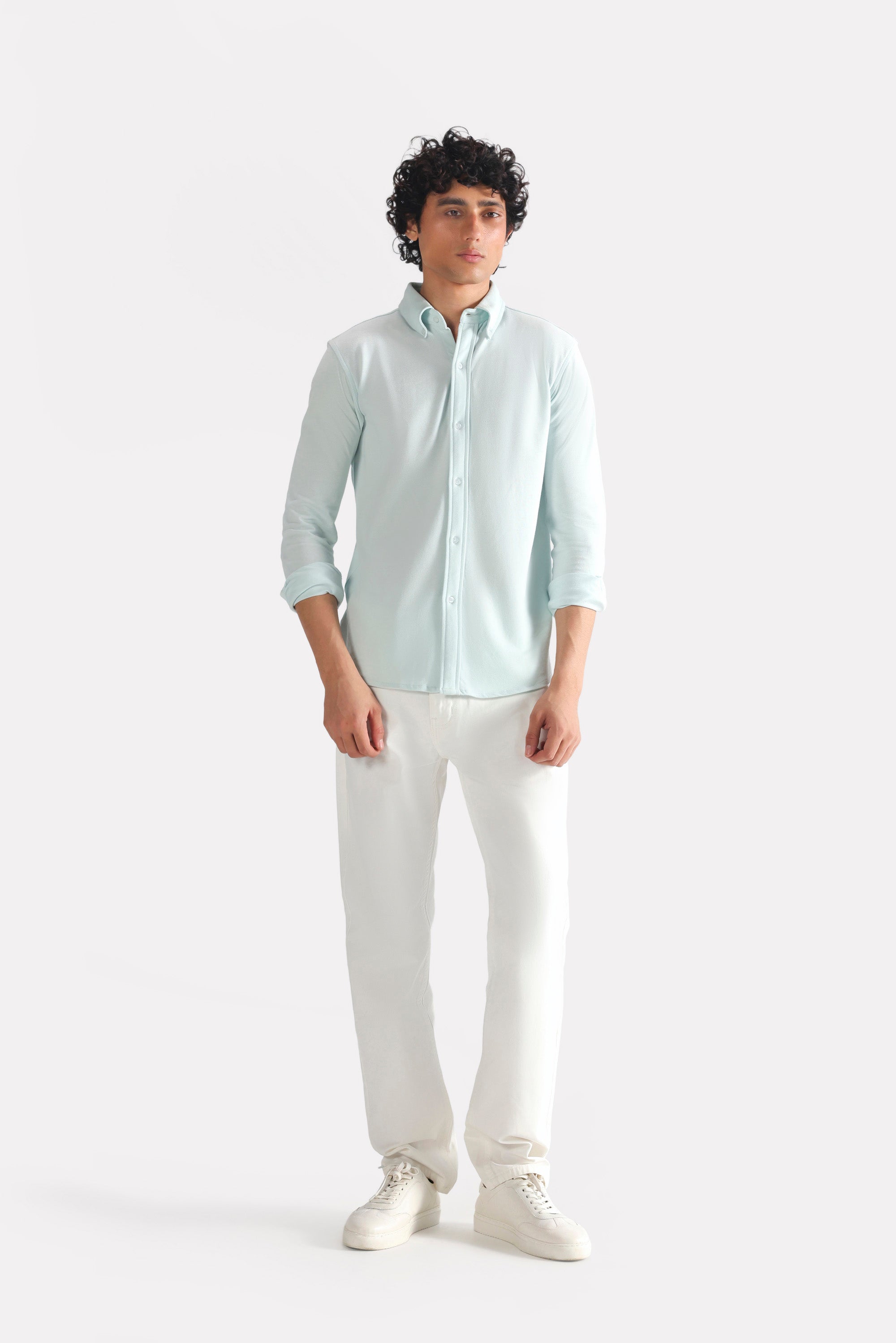 Light blue regular fit pique shirt, full styled look, by SOLA Pakistan.