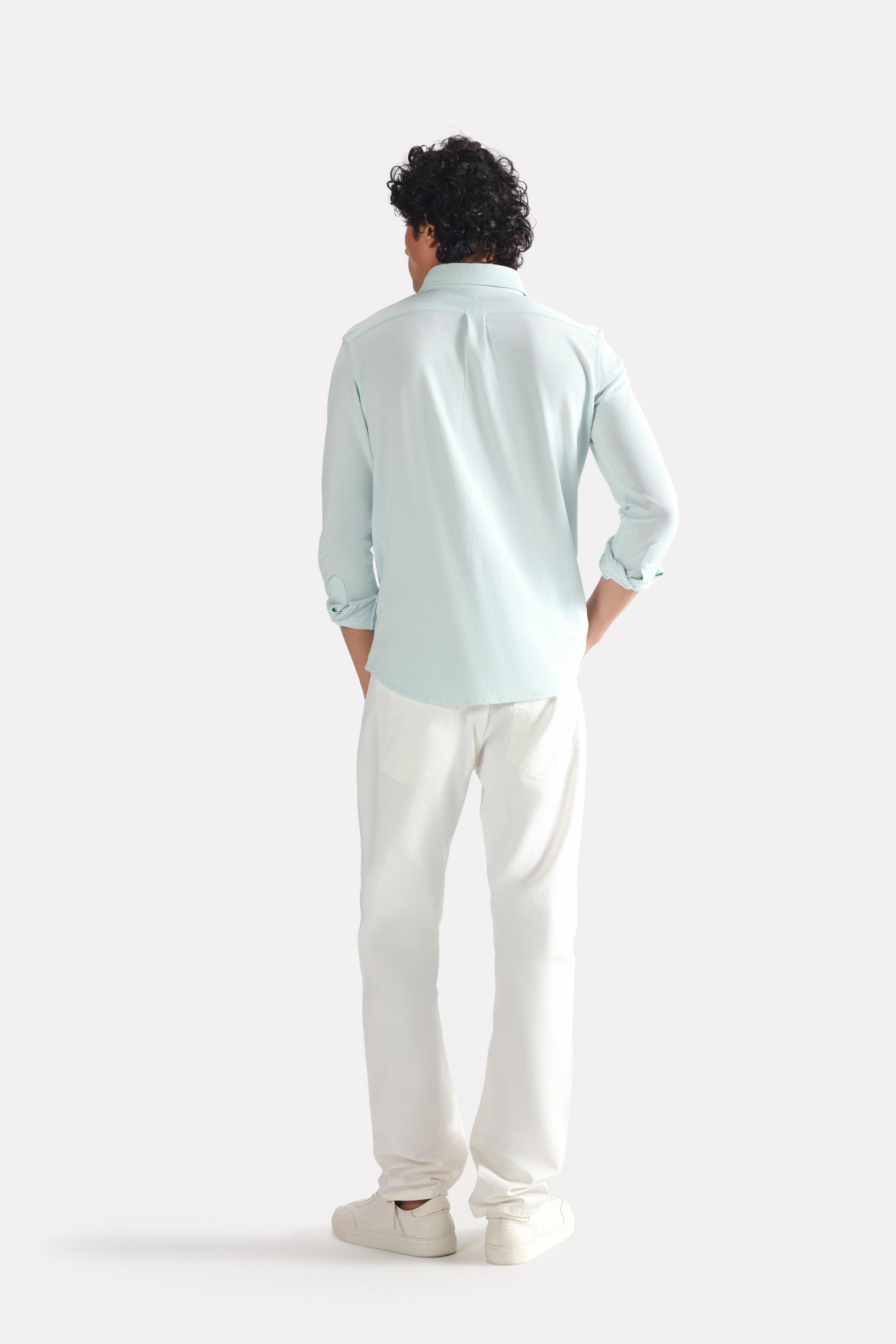 Light blue regular fit pique shirt shown in a styled fit, by SOLA Pakistan.