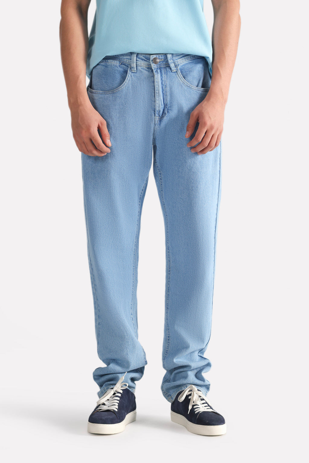 Light blue signature regular fit jeans, full styled look, by SOLA Pakistan.