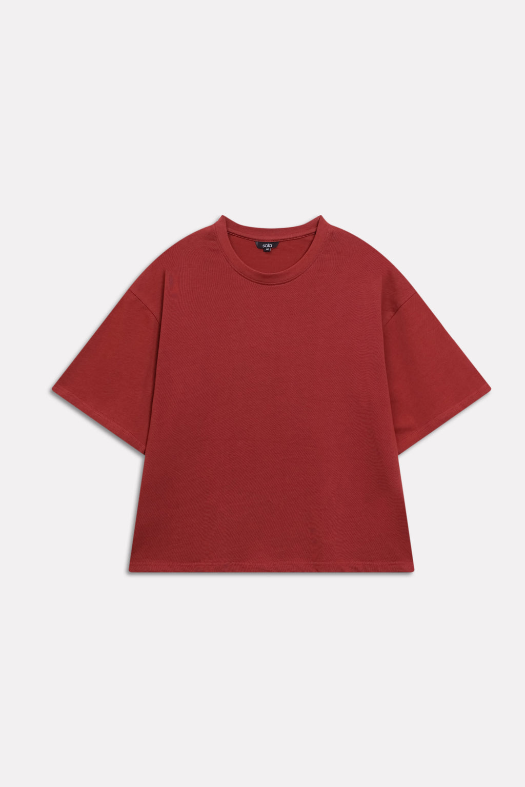 Matt red drop shoulder cotton t-shirt, alternate angle, by SOLA Pakistan.