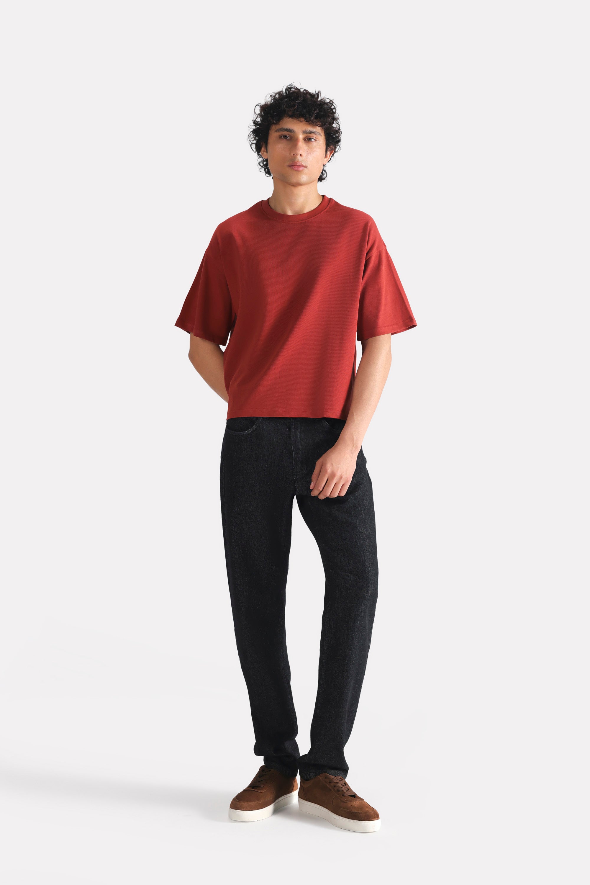Matt red drop shoulder cotton t-shirt, full styled look, by SOLA Pakistan.