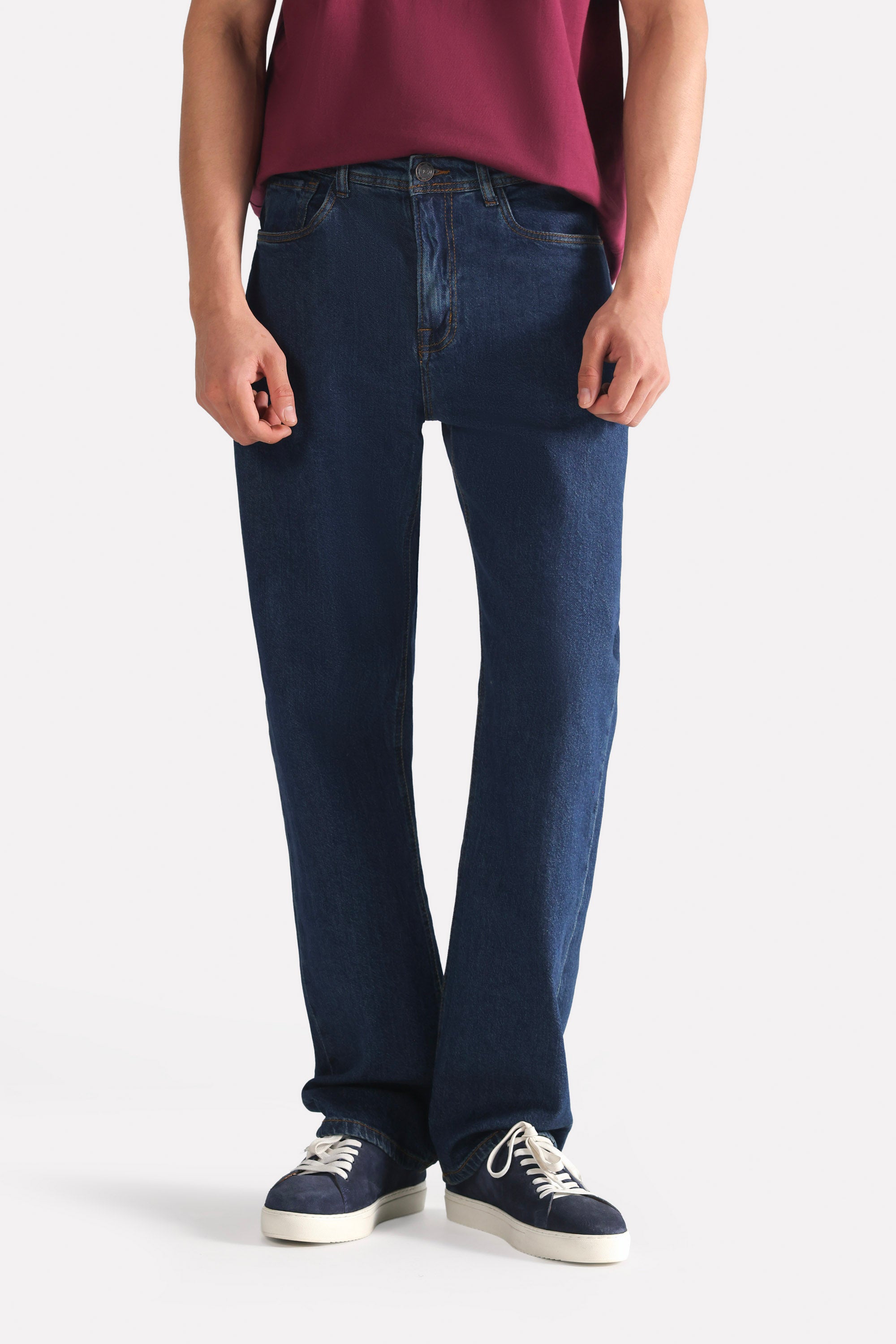 Mid blue signature regular fit jeans, full styled look, by SOLA Pakistan.