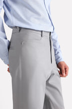 Close-up detail on the mid grey straight fit cotton trouser, by SOLA Pakistan.