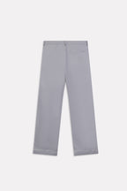 Flat lay of the mid grey straight fit cotton trouser, by SOLA Pakistan.